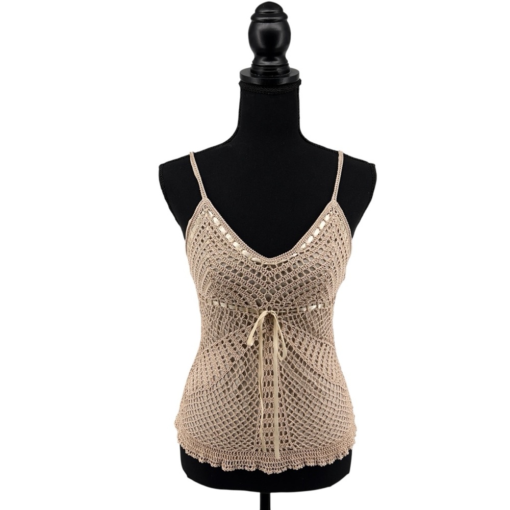 Say What? Y2K Crochet Double Layer Tank Sz L Ribbon Tie Tan Adjustable Strap